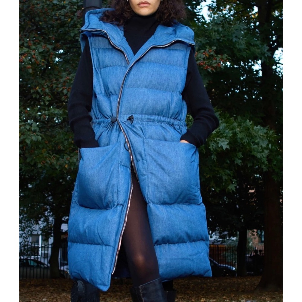 Blue Denim Look Longline Puffer Vest Hooded Drawstring Waist Pockets